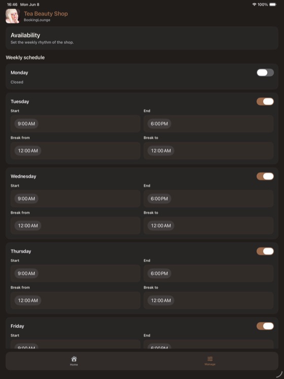 Weekly availability schedule on iPad.