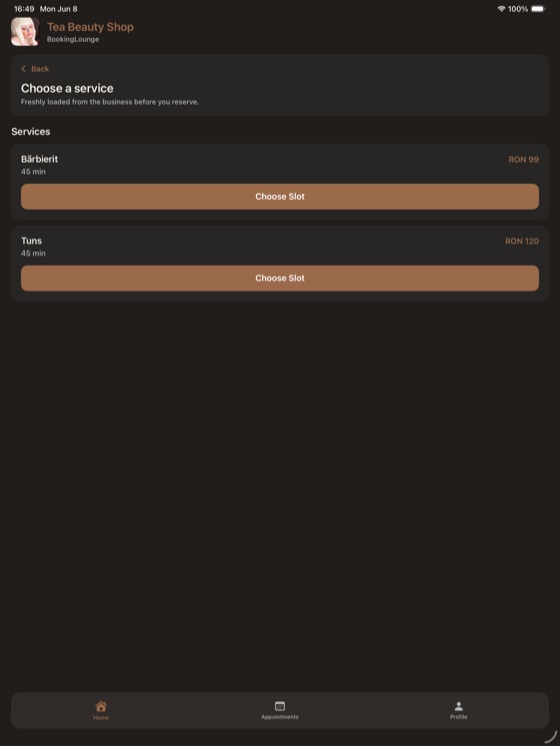 Client choosing a service to book on iPad.