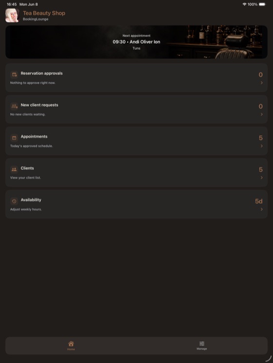 Owner dashboard with shop branding on iPad.