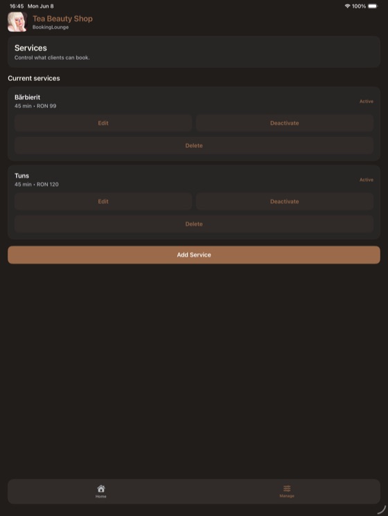 Service management screen on iPad.