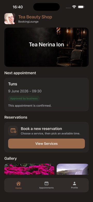 Branded client home screen in BookingLounge on iPhone.