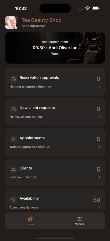 Owner dashboard with shop branding on iPhone.
